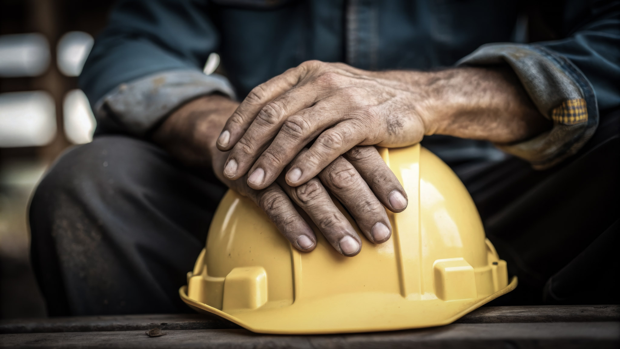 close up hard hat and hands